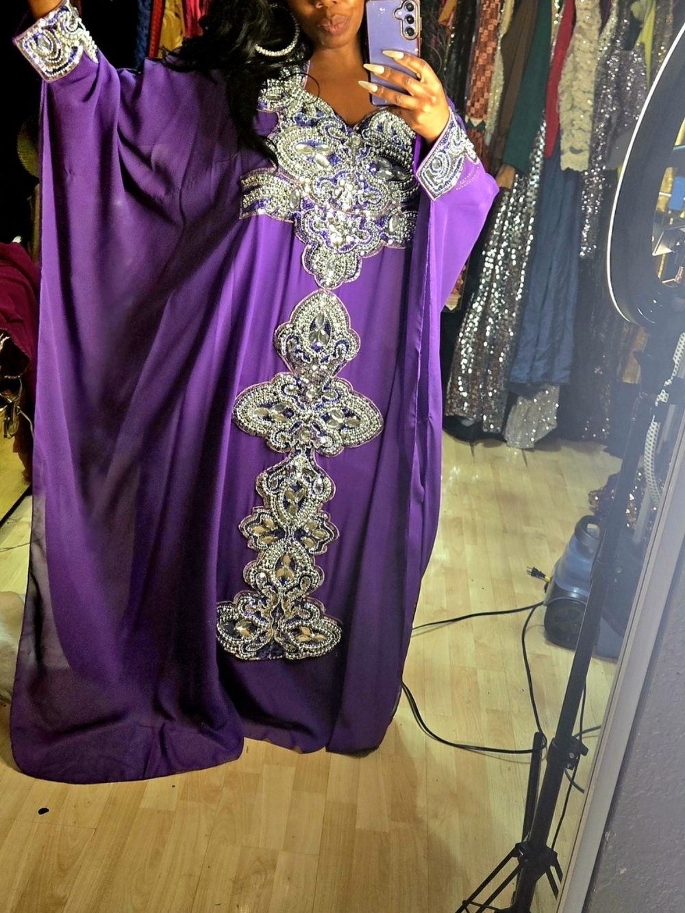 Women's Purple Embellished Kaftan Dress